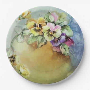 Hand Painted Antique Style Pansy Birthday Wedding Paper Plates