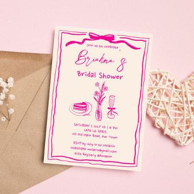 Handdrawn scribble retro pink ribbon bridal shower Invitations