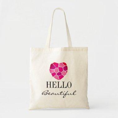 HELLO BEAUTIFUL pretty pink love heart tote bag