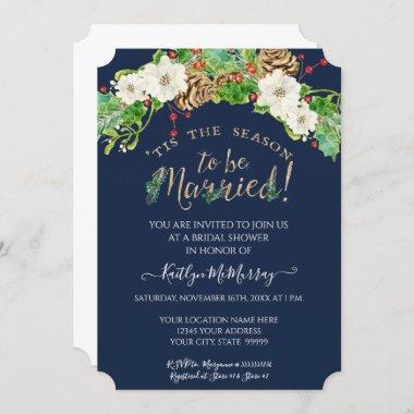 Holly White Floral Navy Christmas Bridal Shower Invitations