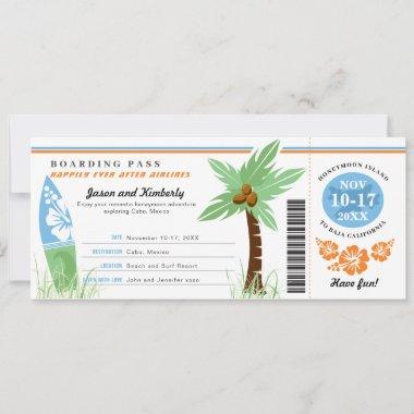 Honeymoon Gift Boarding Pass Palm Tree Surf Board Invitations