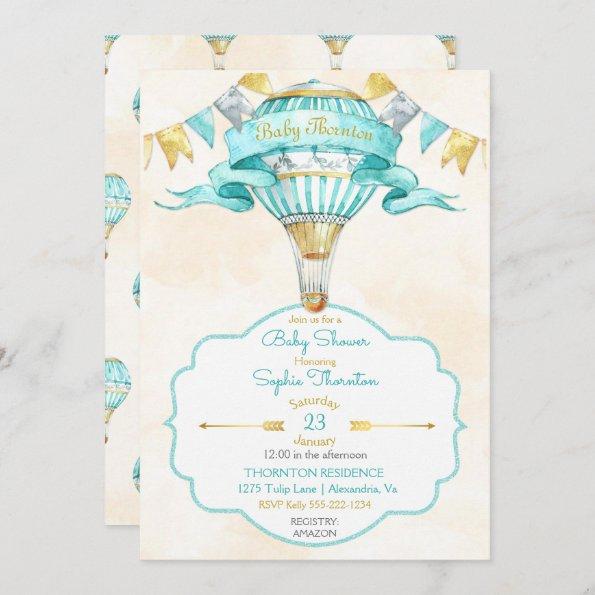 Hot Air Balloon Turquoise Gold Gender Neutral Invitations