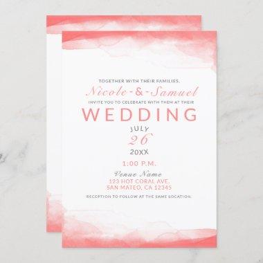 Hot Coral Bright Watercolor Modern Chic Wedding Invitations