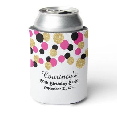 Hot Pink, Black and Gold Glitter Confetti | 30th Can Cooler