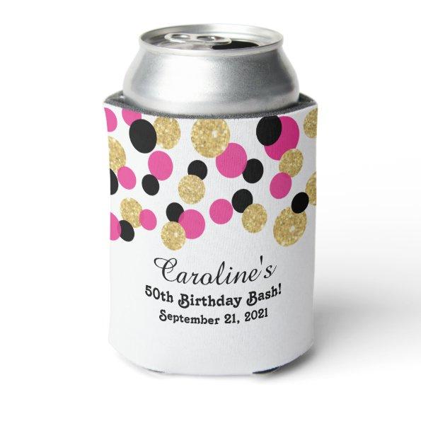 Hot Pink, Black and Gold Glitter Confetti | 50th Can Cooler