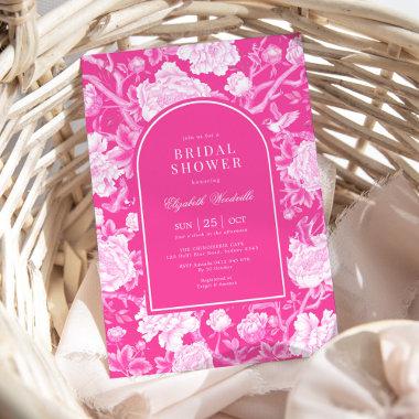 Hot Pink Chinoiserie Botanical Peony Bridal Shower Invitations
