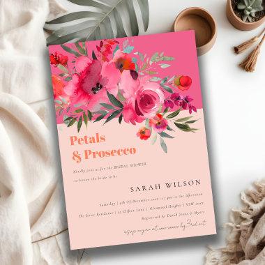 Hot Pink Floral Petals & Prosecco Bridal Shower Invitations