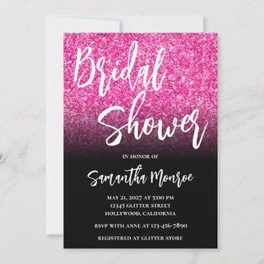 Hot Pink Glitter Black Gradient Bridal Shower Invitations