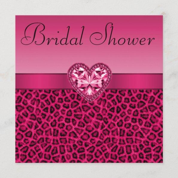 Hot Pink Leopard Print & Bling Heart Bridal Shower Invitations
