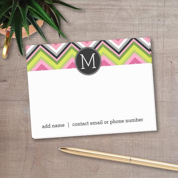 Hot Pink, Lime and Black Chevron Pattern Monogram Post-it Notes