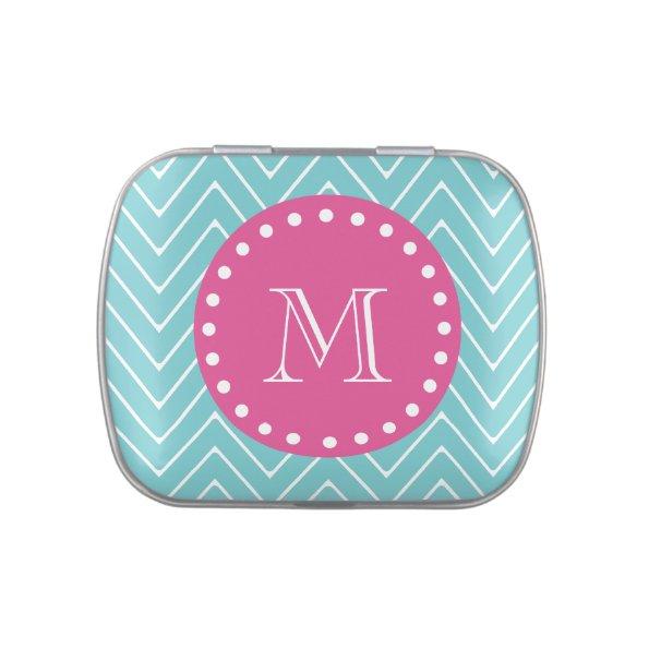 Hot Pink, Teal Blue Chevron | Your Monogram Jelly Belly Tin
