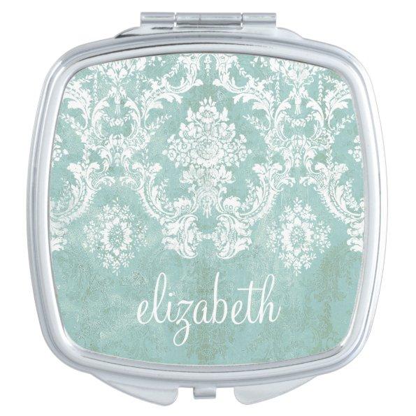 Ice Blue Vintage Damask Pattern with Grungy Finish Vanity Mirror