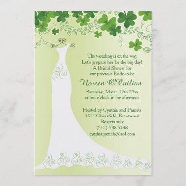 Irish shamrock, wedding gown Bridal Shower Invitations