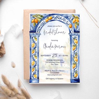 Italian Blue tiles arch lemons bridal shower Invitations