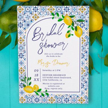 Italian blue tiles watercolor lemon bridal shower Invitations