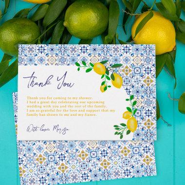 Italian blue tiles watercolor lemon bridal shower thank you Invitations