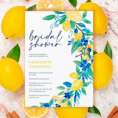 Italian lemon blue floral script bridal shower Invitations