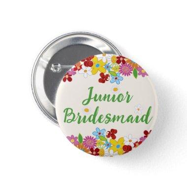 JUNIOR BRIDESMAID Spring Flowers Wedding Name Tag Pinback Button