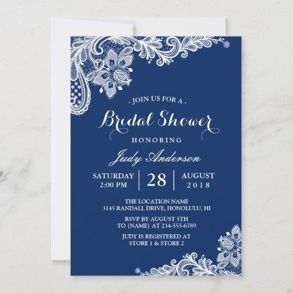 Lace Bridal Shower Trendy Navy Blue Invitations