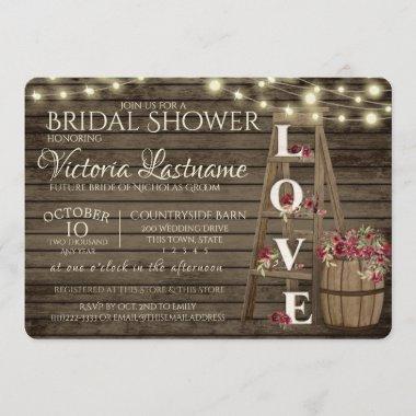 Ladder Wine Barrel and Roses Rustic Bridal Shower Invitations