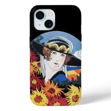Lady with Chrysanthemum Flowers ,Black iPhone 15 Case