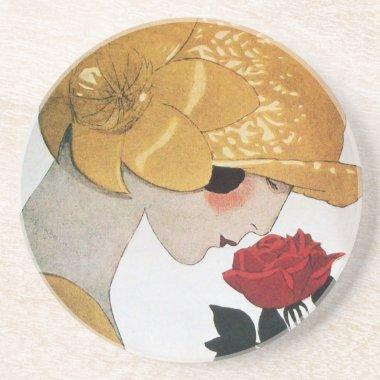 LADY WITH RED ROSE COASTER