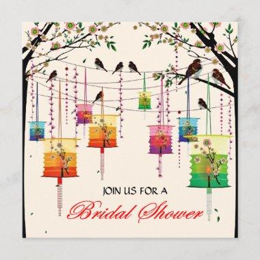 Lanterns Cherry Tree Birds Spring Bridal Shower Invitations