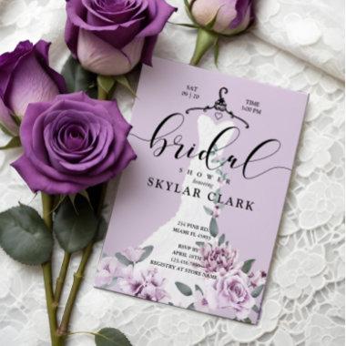 Lavender Florals White Wedding Dress Bridal Shower Invitations