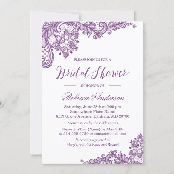 Lavender Purple Lace Elegant Floral Bridal Shower Invitations