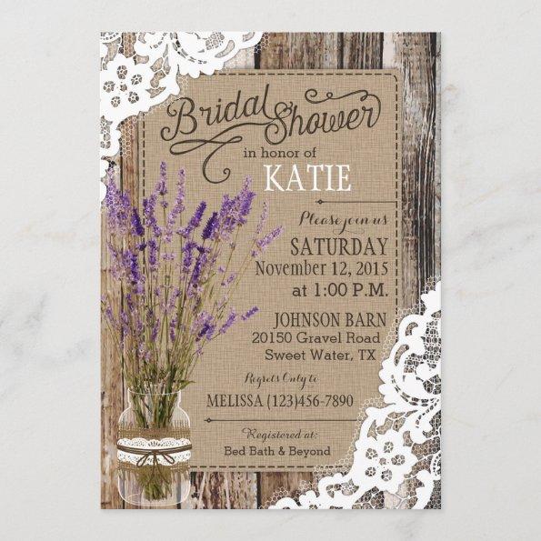 Lavender Wood Lace Rustic Bridal Shower Invitations