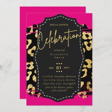 LeahG Bridal Shower Glam Chic Animal Gold Pink Blk Invitations