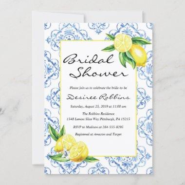 Lemon Bridal Shower Invitations, Blue Tile Italian Invitations