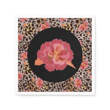 Leopard Animal Print and Pink Flowers on Black Napkins