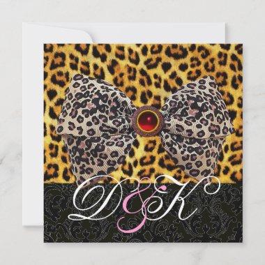 LEOPARD FUR BOW,RED RUBY AND BLACK DAMASK MONOGRAM Invitations