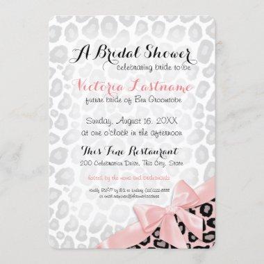 Leopard Print Bridal Shower Pink Bow Invitations