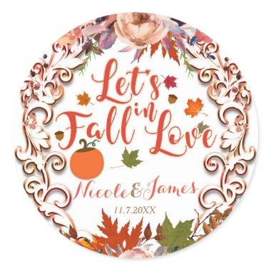 Let's Fall In Love Autumn Floral BRIDAL SHOWER Classic Round Sticker