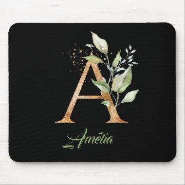 Letter A monogram greenery eucalyptus gold Mouse Mouse Pad