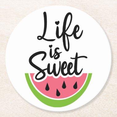 Life is Sweet Cute Fruit Summer Party Watermelon Round Paper Coaster