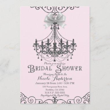 Light Blush Pink & Silver White Bow Bridal Shower Invitations