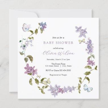Lilac and Butterflies Baby Shower Invitations