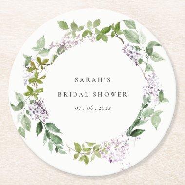 Lilac Floral Wreath Cottage Garden Bridal Shower Round Paper Coaster