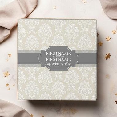 Linen Beige and Charcoal Damask Pattern Wrapping Paper