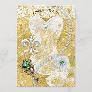 Lingerie Party Bridal Shower Mask Green White Gold Invitations