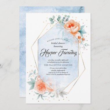 Living Coral and Dusty Blue Floral Bridal Shower Invitations