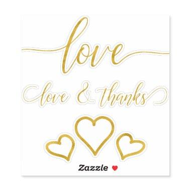 Love and thanks hearts gold calligraphy wedding sticker
