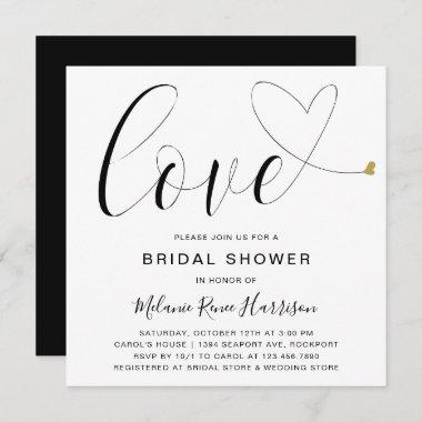 Love Gold Heart Black White Modern Bridal Shower Invitations