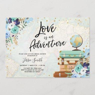 Love is an Adventure Blue Floral Bridal Shower Invitations