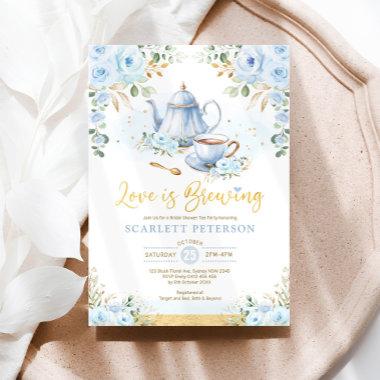 Love is Brewing Soft Blue Flower Bridal Shower Tea Invitations