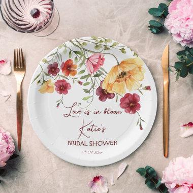 Love is in bloom burgundy flowers bridal shower paper plates