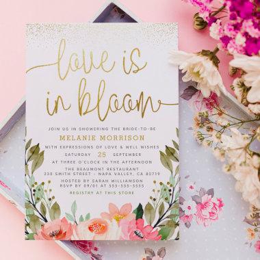 Love Is In Bloom | Gold Blush Floral Bridal Shower Invitations
